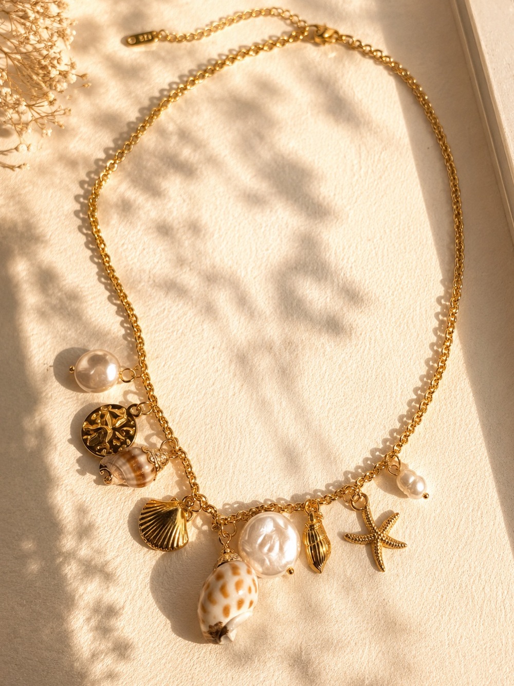 Gold Plated Seashell Charm Necklace with Pearls - Women Jewelry